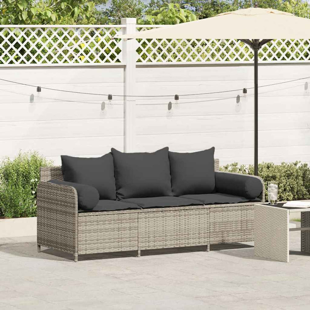 vidaXL 3-Seater Garden Sofa with Cushions Light Grey Poly Rattan