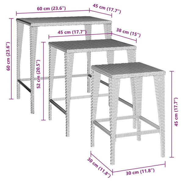 Garten Satztische 3er Set Braun Rattan