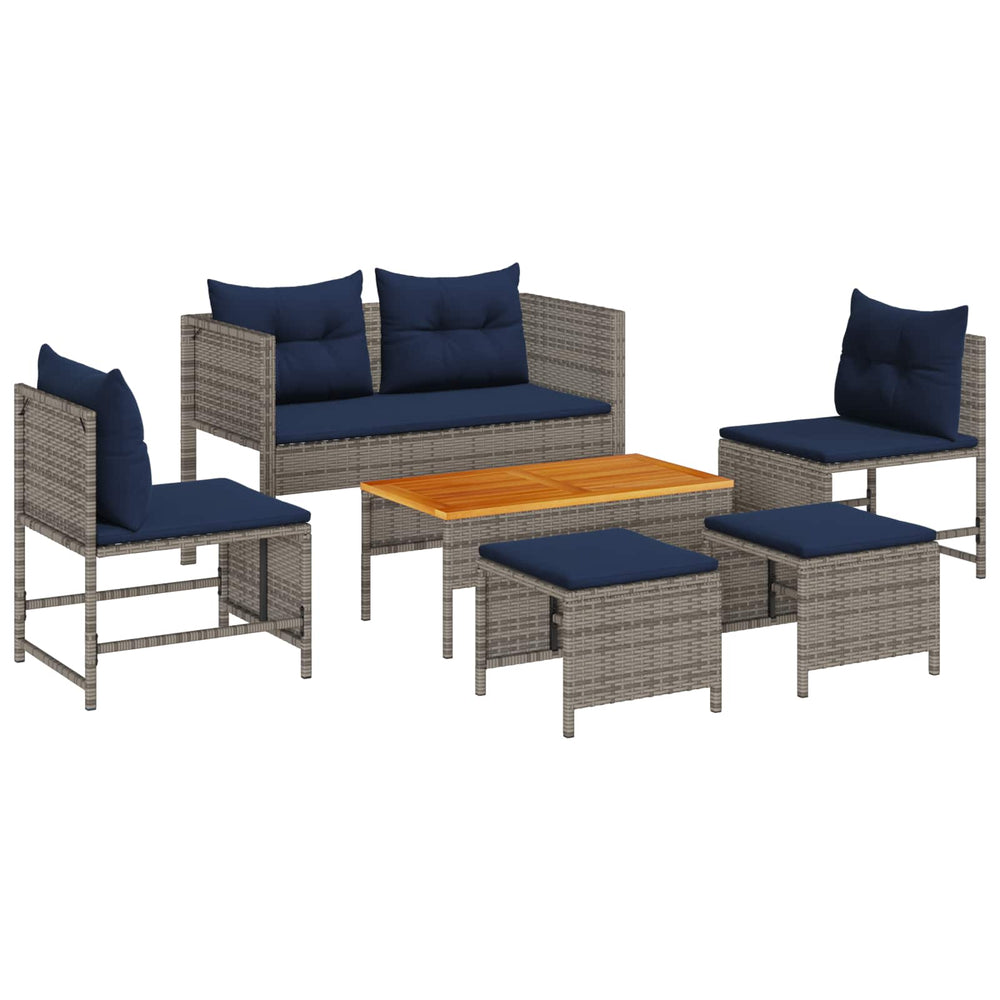 vidaXL Garden Sofa Set with Cushions 6 pcs Grey and Navy Blue Poly Rattan