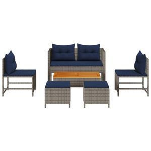 vidaXL Garden Sofa Set with Cushions 6 pcs Grey and Navy Blue Poly Rattan