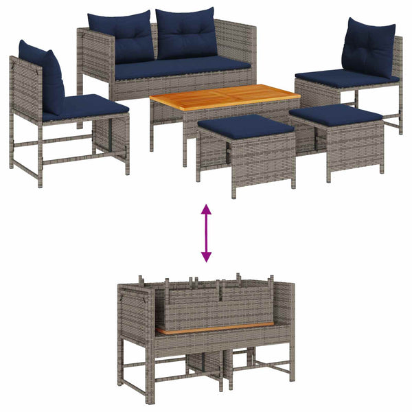vidaXL Garden Sofa Set with Cushions 6 pcs Grey and Navy Blue Poly Rattan