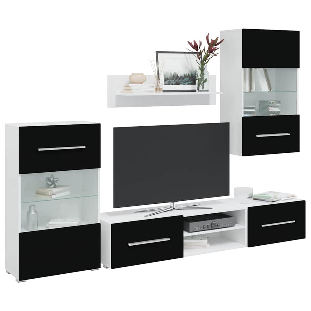 vidaXL 5-Piece Wall Unit with LED Lighting Matt Black Engineered Wood