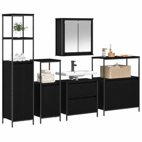 vidaXL Bathroom Furniture Set with Shelf 5 pcs Black Engineered Wood