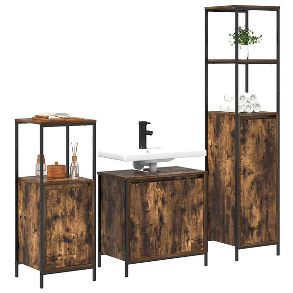 vidaXL Bathroom Furniture Set with Door 3 pcs Smoked Oak and Black