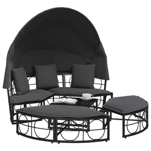 vidaXL Outdoor Lounge Bed with Canopy and Cushions Black Poly Rattan