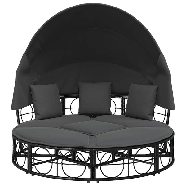 vidaXL Outdoor Lounge Bed with Canopy and Cushions Black Poly Rattan