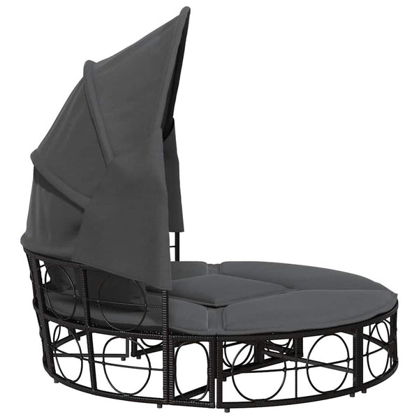vidaXL Outdoor Lounge Bed with Canopy and Cushions Black Poly Rattan