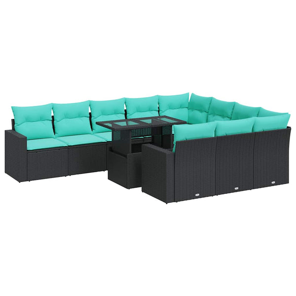 vidaXL 11-piece Garden Sofa Set with Cushions Black Poly Rattan Acacia