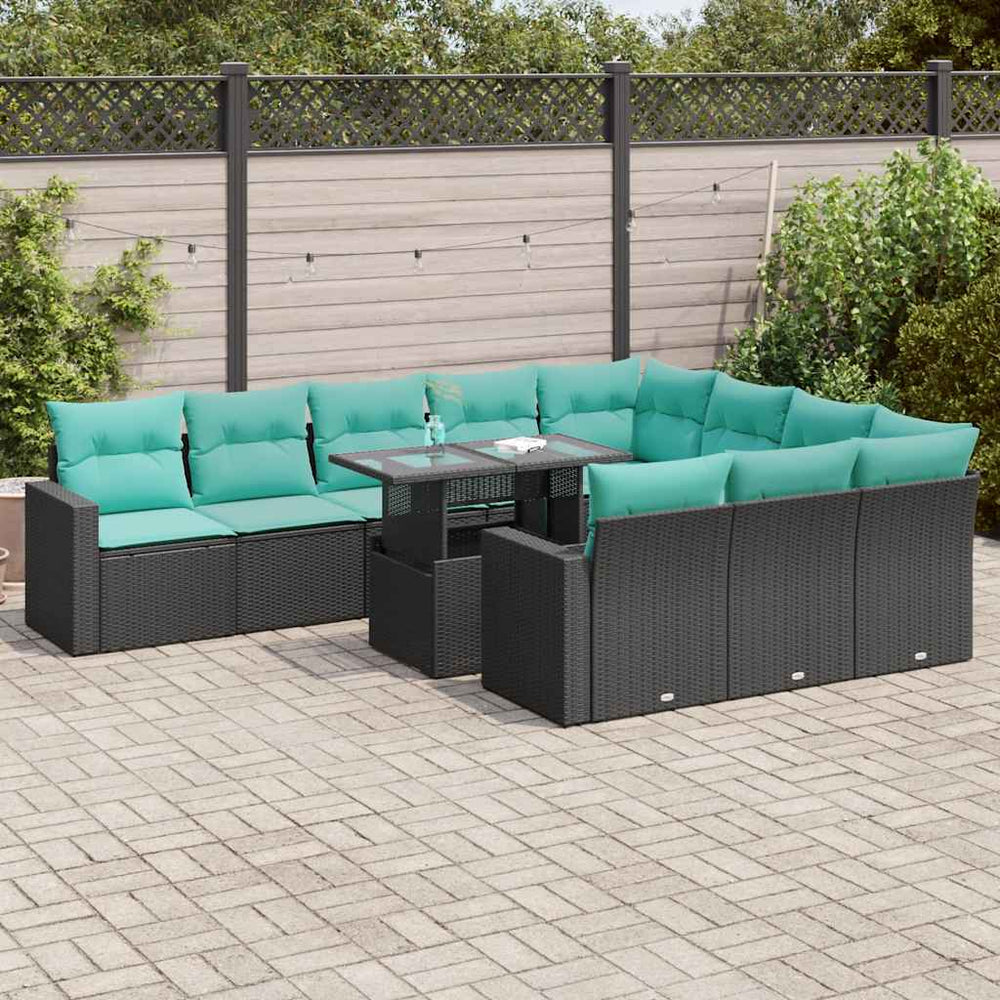 vidaXL 11-piece Garden Sofa Set with Cushions Black Poly Rattan Acacia