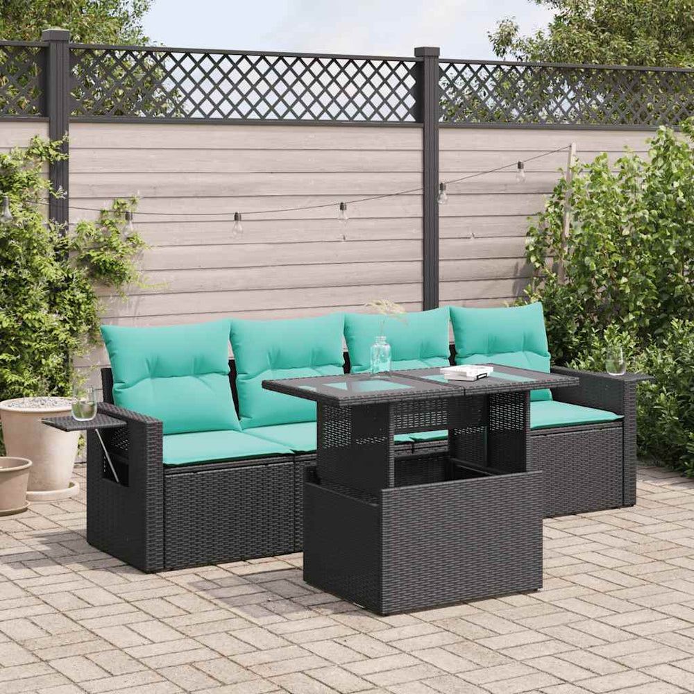 vidaXL 5-piece Garden Sofa Set with Cushions Black Poly Rattan Acacia