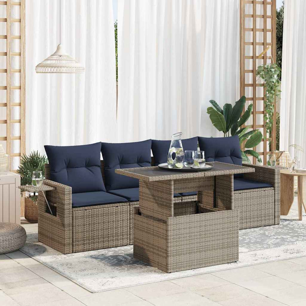 vidaXL 5-piece Garden Sofa Set with Cushions Grey Poly Rattan