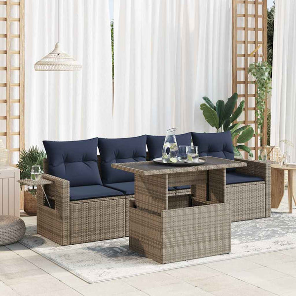 vidaXL 5-piece Garden Sofa Set with Cushions Grey Poly Rattan