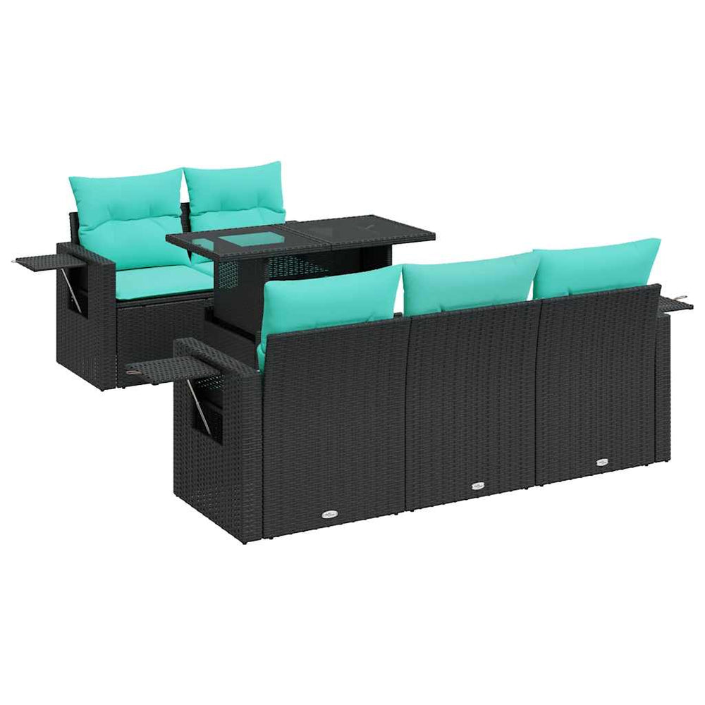 vidaXL 6-Seater Garden Sofa Set with Cushions Black Poly Rattan Acacia