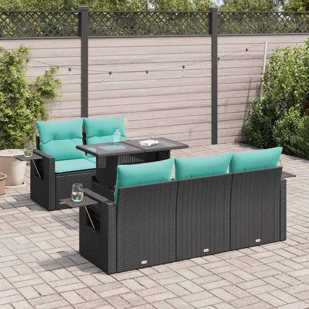 vidaXL 6-Seater Garden Sofa Set with Cushions Black Poly Rattan Acacia