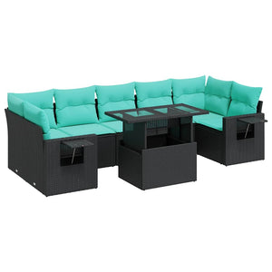 vidaXL 8-piece Garden Sofa Set with Cushions Black Poly Rattan Acacia