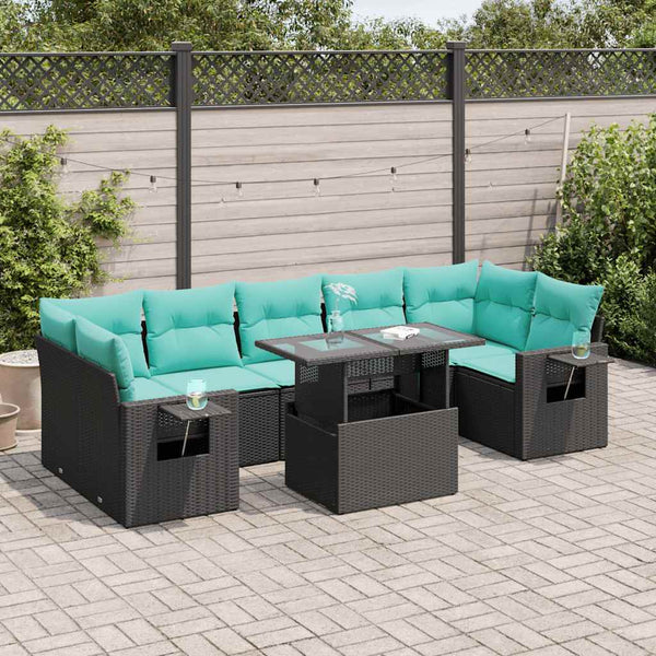 vidaXL 8-piece Garden Sofa Set with Cushions Black Poly Rattan Acacia
