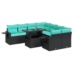 vidaXL 9-piece Garden Sofa Set with Cushions Black Poly Rattan Acacia