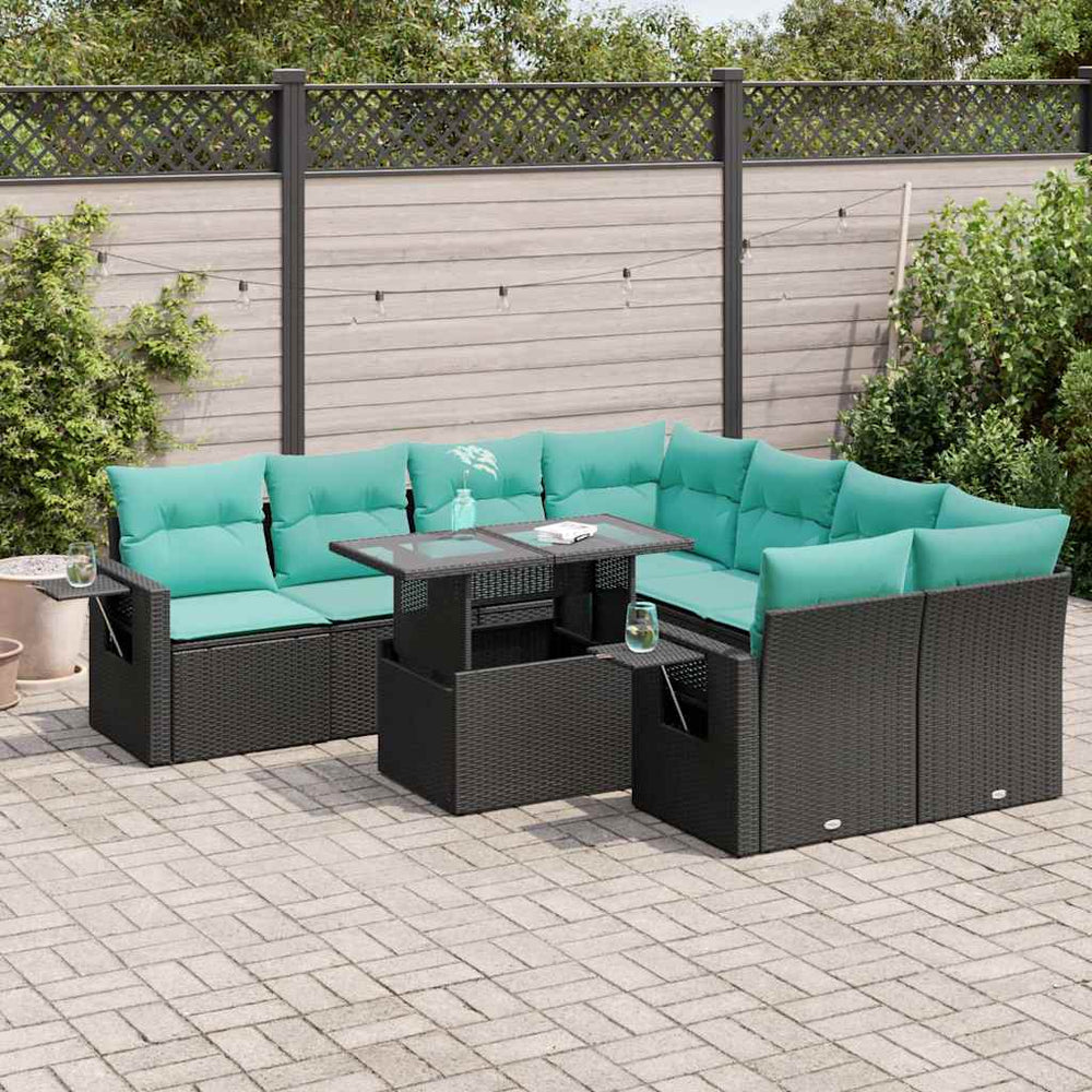 vidaXL 9-piece Garden Sofa Set with Cushions Black Poly Rattan Acacia