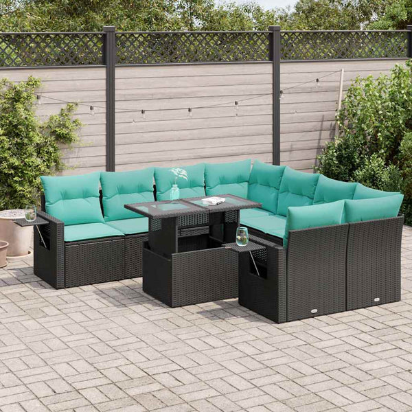 vidaXL 9-piece Garden Sofa Set with Cushions Black Poly Rattan Acacia