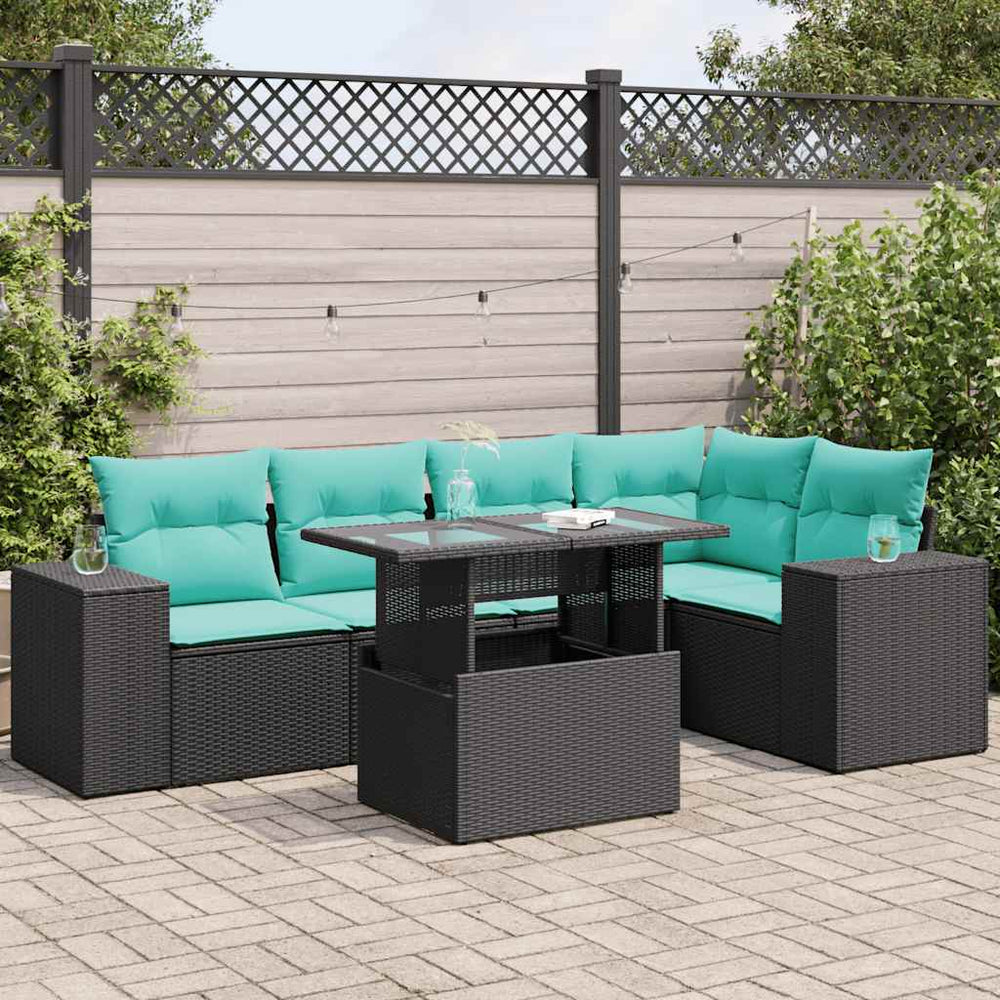vidaXL 6-Piece Garden Sofa Set with Cushions Black Poly Rattan Acacia