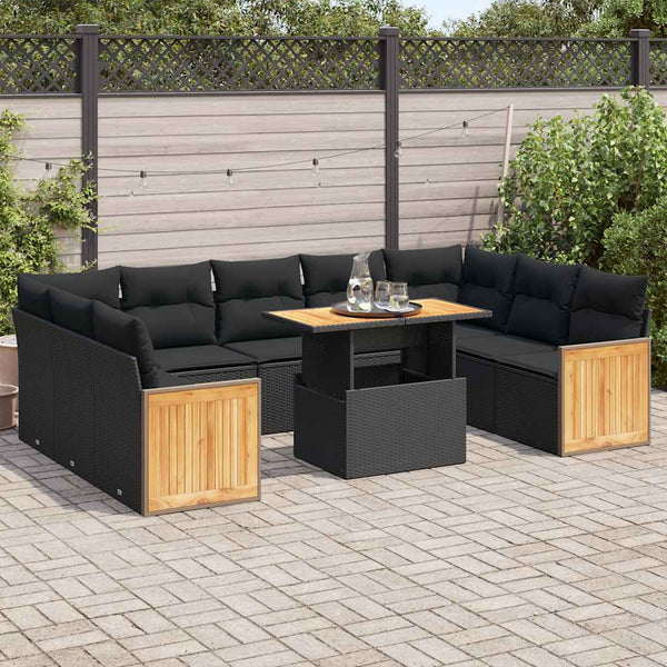 vidaXL 10-piece Garden Sofa Set with Cushions Black Poly Rattan