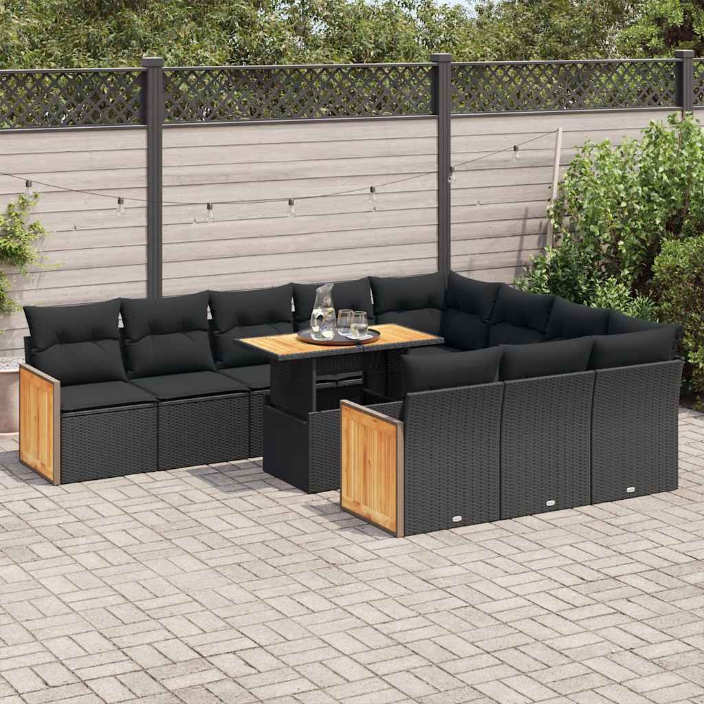 vidaXL 11-pc. Garden Sofa Set with Cushions Black Poly Rattan