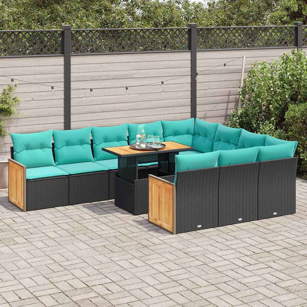 vidaXL 11-pc. Garden Sofa Set with Cushions Black Poly Rattan