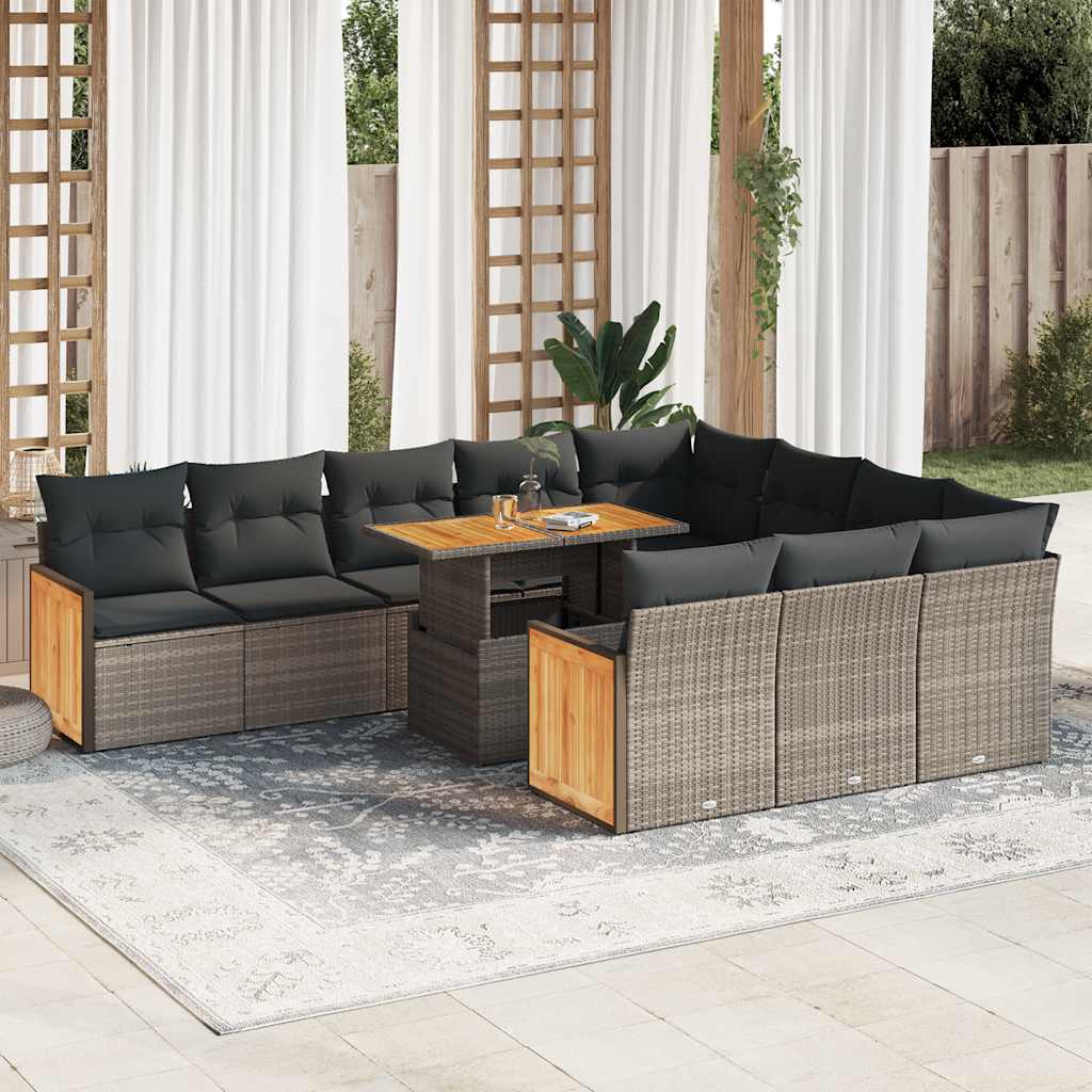 vidaXL 11-pc. Garden Sofa Set with Cushions Grey Poly Rattan Acacia