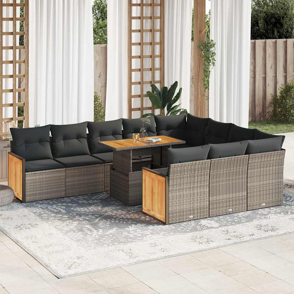 vidaXL 11-pc. Garden Sofa Set with Cushions Grey Poly Rattan Acacia