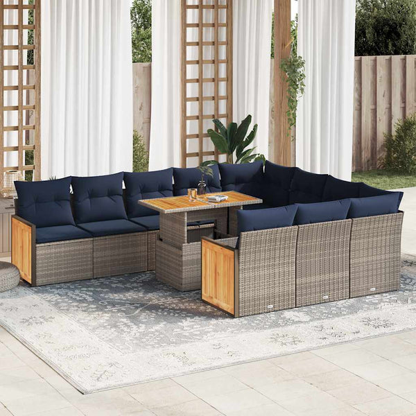 vidaXL 11-pc. Garden Sofa Set with Cushions Grey Poly Rattan Acacia