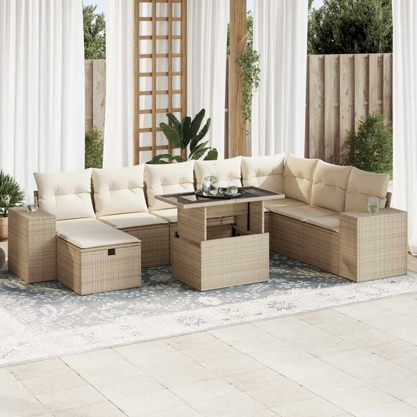 vidaXL 9-piece Garden Sofa Set with Cushions Beige Poly Rattan