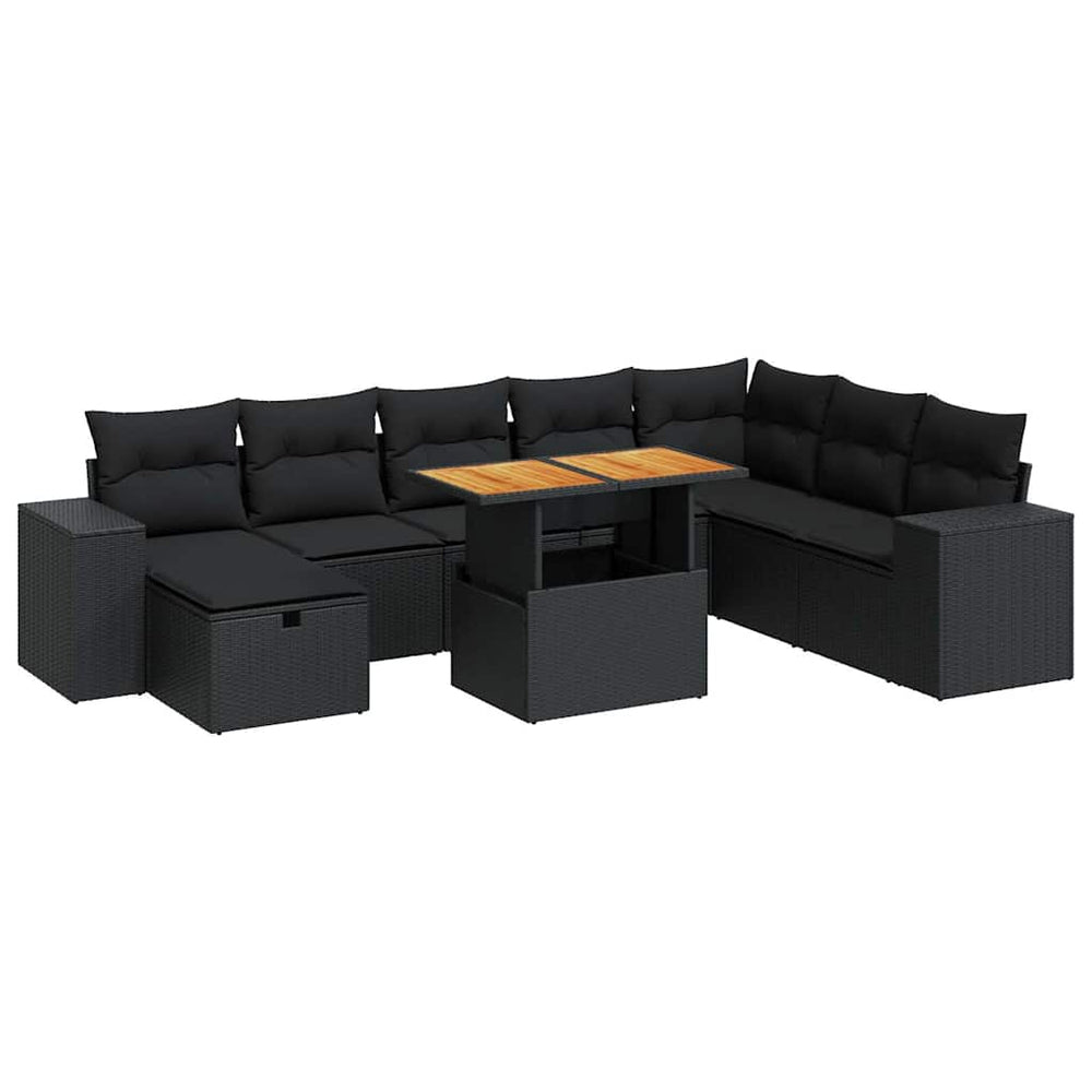 vidaXL 9-piece Garden Sofa Set with Cushions Black Poly Rattan