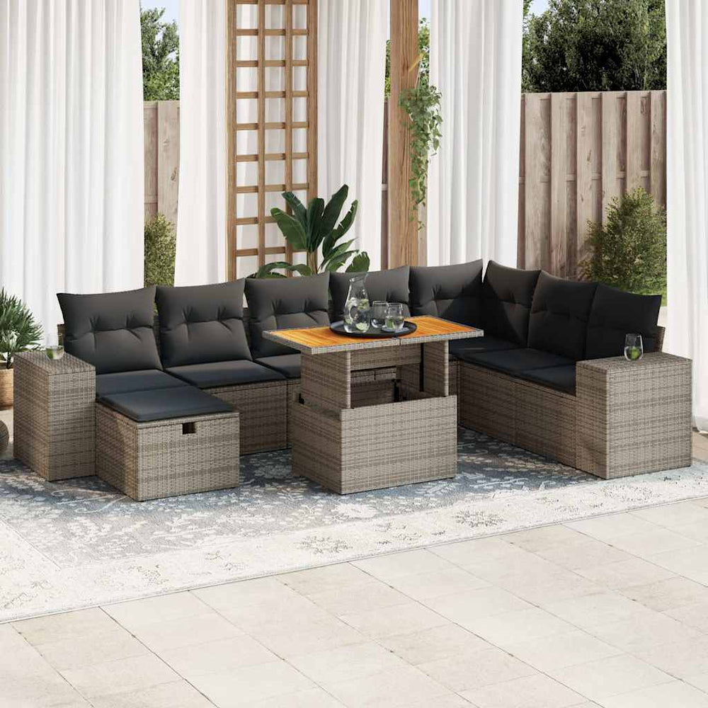 vidaXL 9-piece Garden Sofa Set with Cushions Grey Poly Rattan Acacia