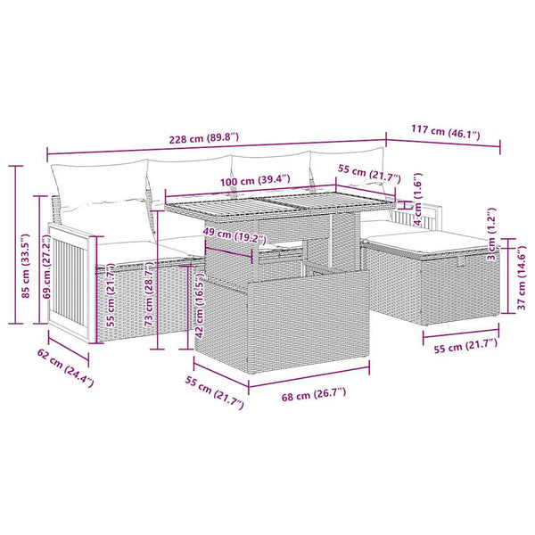 vidaXL 6-Seater Garden Sofa Set with Cushions Grey Poly Rattan Acacia