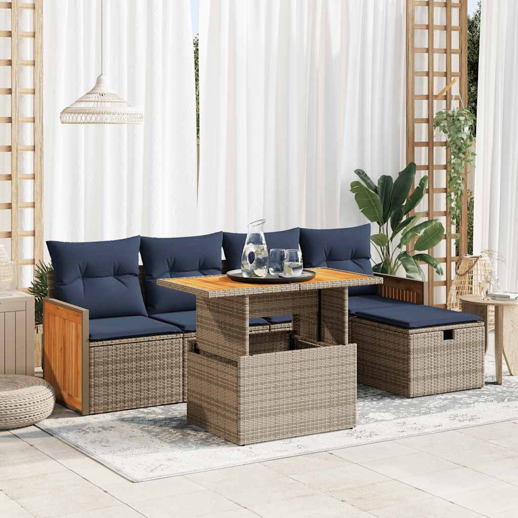 vidaXL 6-Seater Garden Sofa Set with Cushions Grey Poly Rattan Acacia