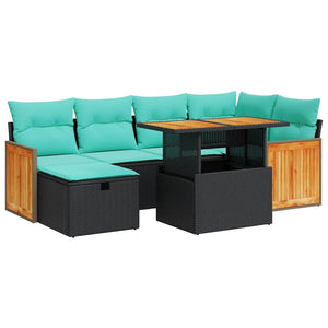vidaXL 7-Piece Garden Sofa Set with Cushions Brown Poly Rattan Acacia
