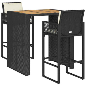 3-tlg. Gartenbar Set Schwarz Poly Rattan Akazie