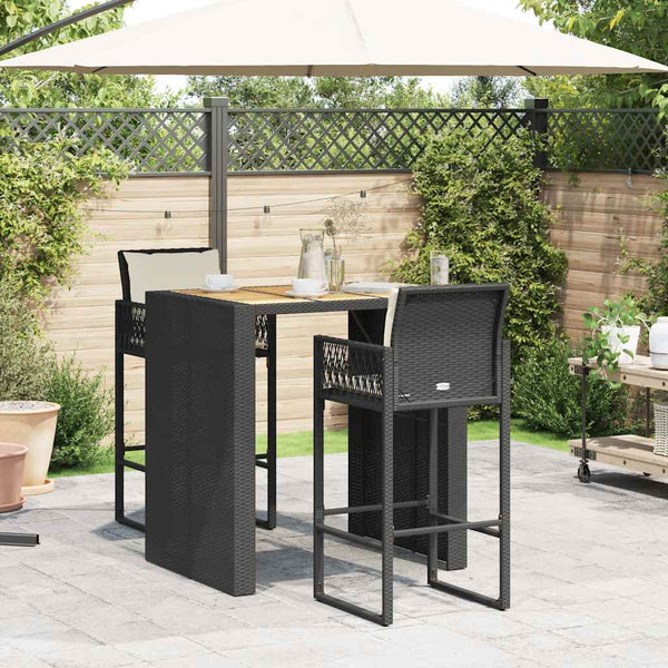 3-tlg. Gartenbar Set Schwarz Poly Rattan Akazie