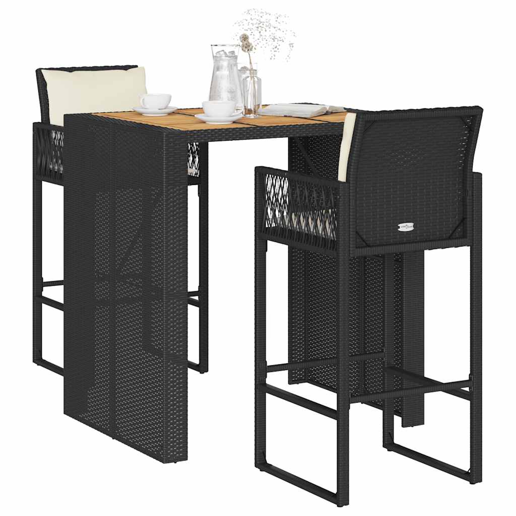 3-tlg. Gartenbar Set Schwarz Poly Rattan Akazie