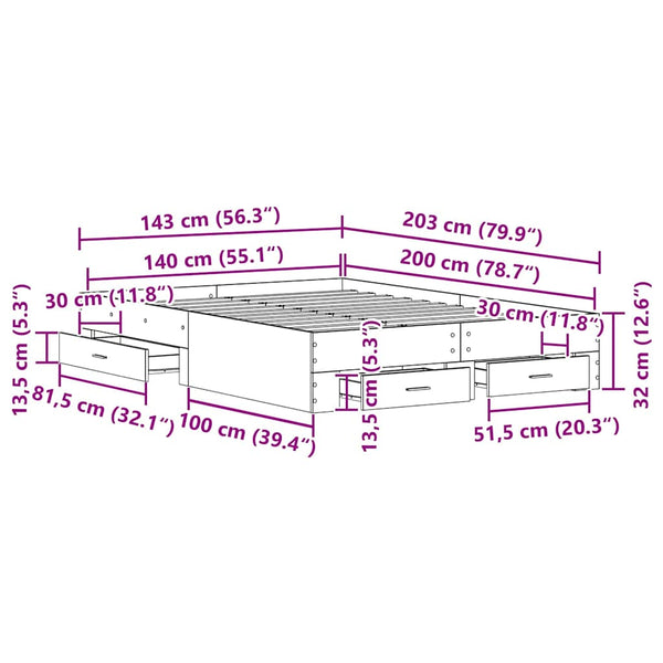 vidaXL Bed Frame Black Oak Look 140 x 200 cm Engineered Wood