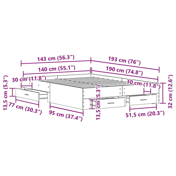 vidaXL Bed Frame Black Oak Effect 140 x 190 cm Engineered Wood