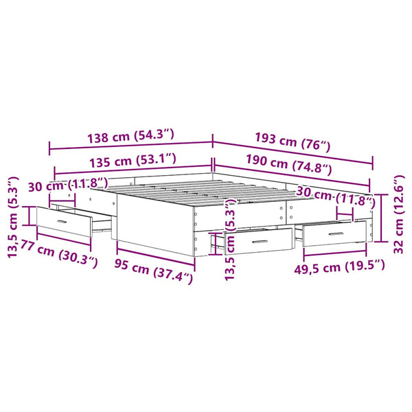 vidaXL Bed Frame Artisan Oak 135 x 190 cm Engineered Wood