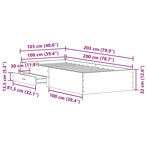 vidaXL Bed Frame with Drawers Reclaimed Wood 100 x 200 cm Engineered Wood