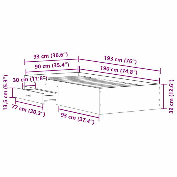 vidaXL Bed Frame with Storage Artisan Oak 90 x 190 cm Engineered Wood