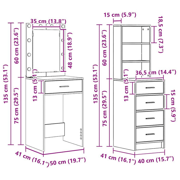 vidaXL Dressing Table 2 pcs Grey 50 x 41 x 135 cm Engineered Wood