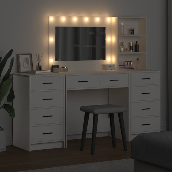 vidaXL Dressing Table with Mirror Lighting 3 pcs White Engineered Wood