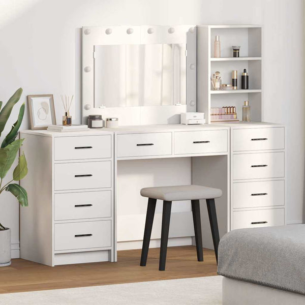 vidaXL Dressing Table with Mirror Lighting 3 pcs White Engineered Wood