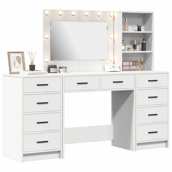 vidaXL Dressing Table with Mirror Lighting 3 pcs White Engineered Wood