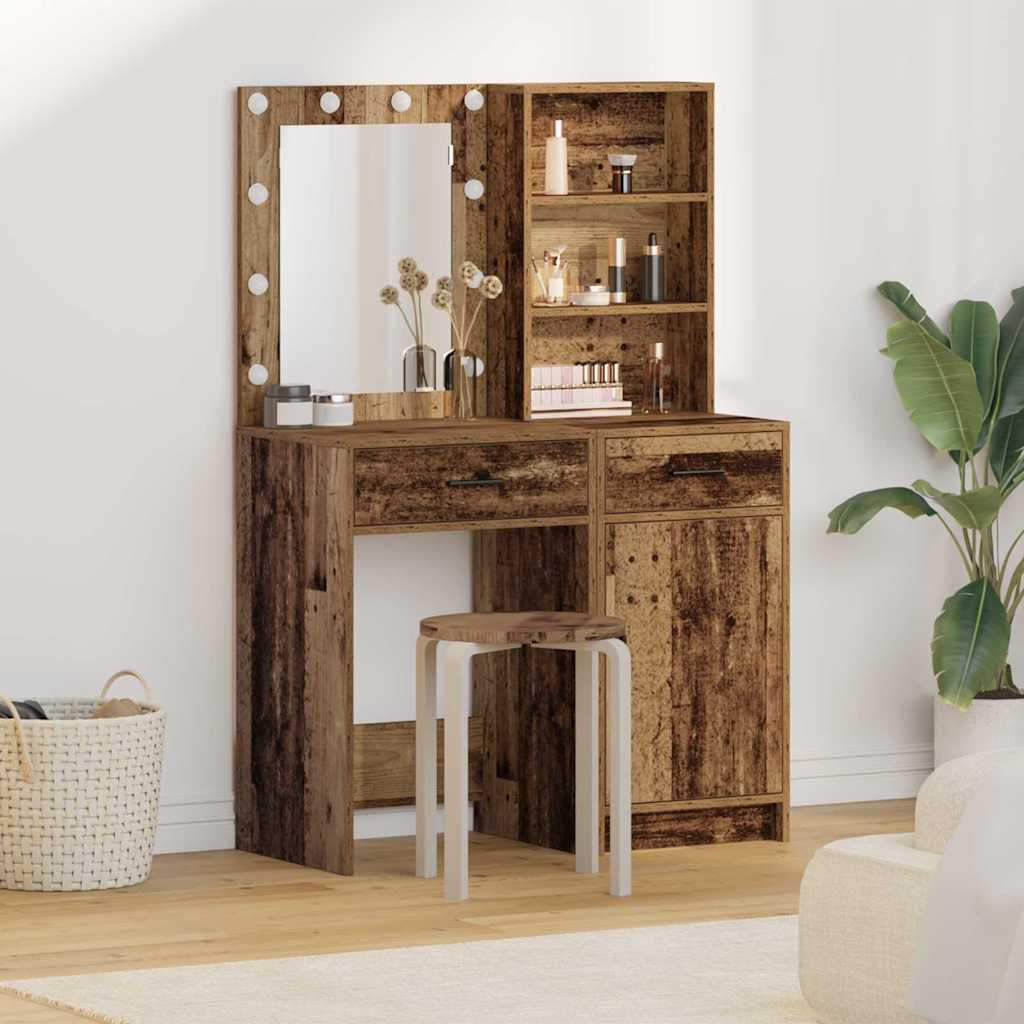 Schminktisch mit LED und Regal, Altholz