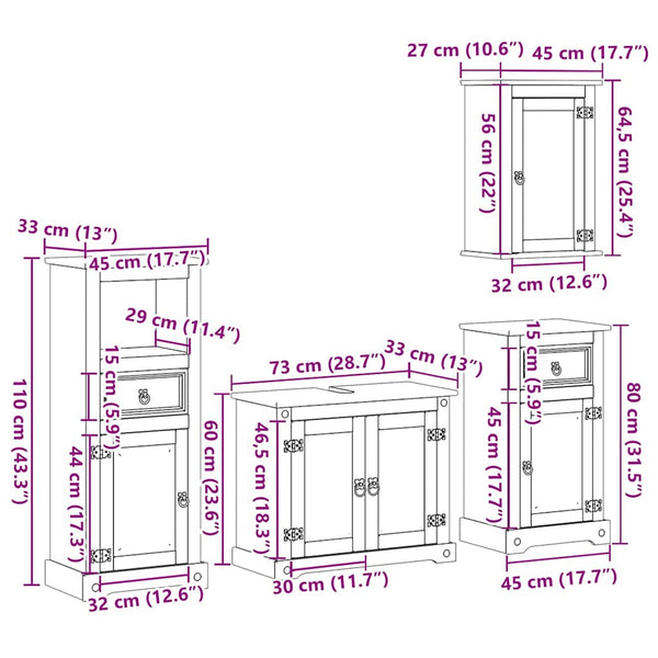 4-teiliges Badmöbel-Set Kiefer Massivholz